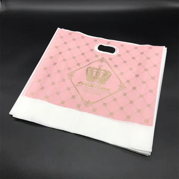 Pink Printed Plastic Shopping Bag with Die-Cut Handle