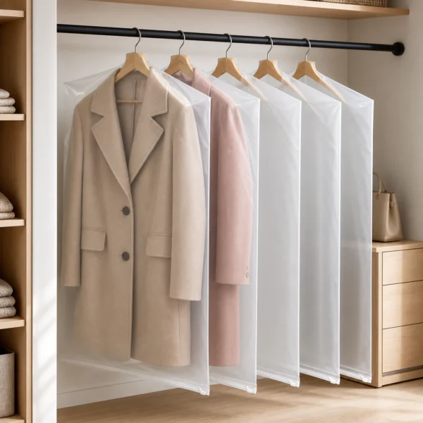zippered-hanging-garment-bag-lifestyle Clear PE Zippered Hanging Garment Bags for Clothes Storage